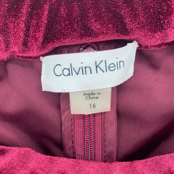 Calvin Klein Dress Womens 16 Burgundy Velveteen Off Shoulder Long Sleeve Knee - Picture 5 of 9